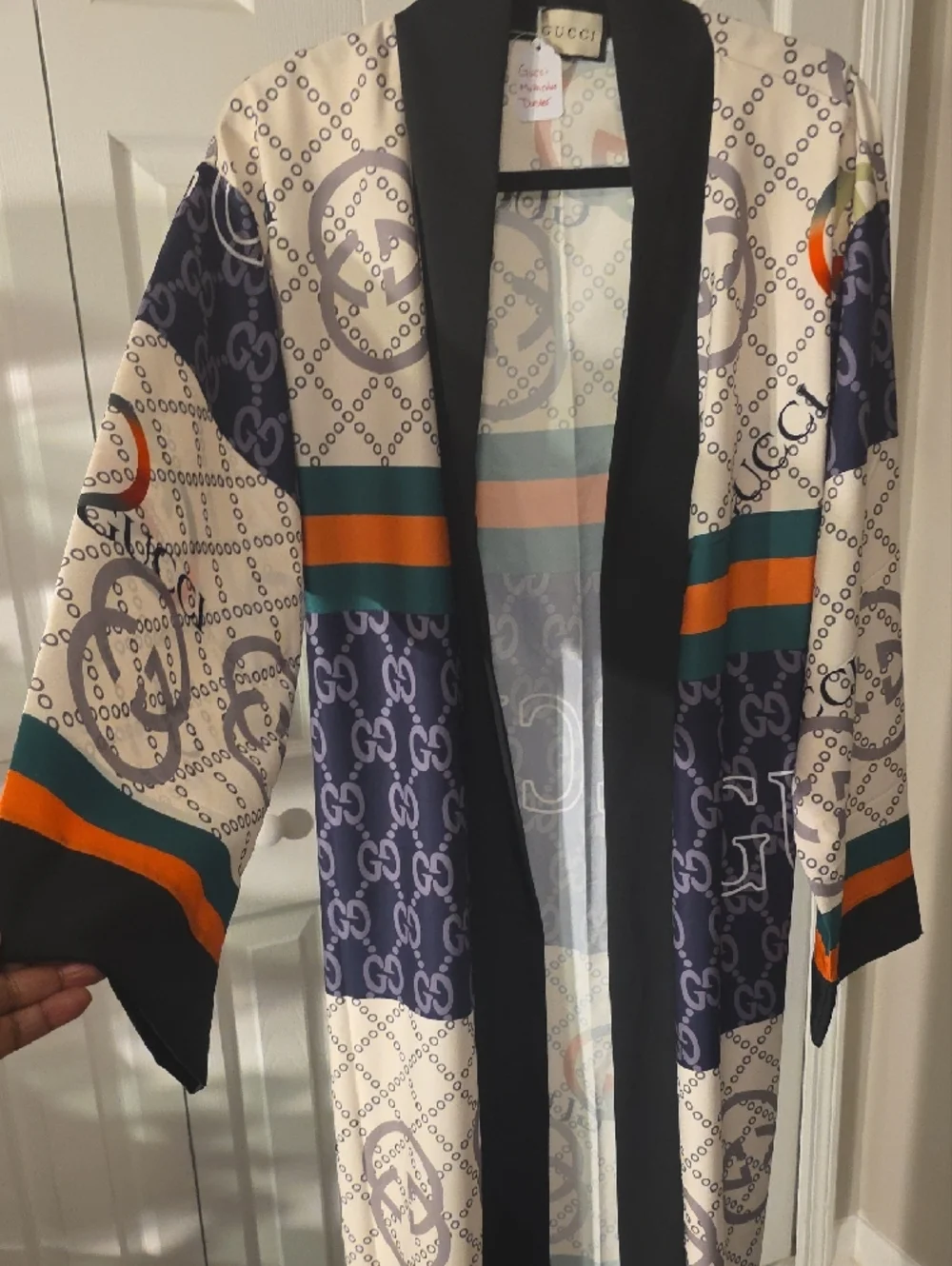 Gucci Cream, Navy & Green And Black Logo Robe/ Duster/coverup, Orange Accents - Picture 5 of 7